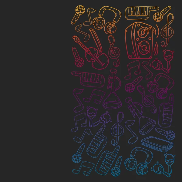 Fondo de música vectorial con instrumentos musicales. Rock, piano, guitarra, jazz. Melodía y micrófono. Concierto. — Vector de stock