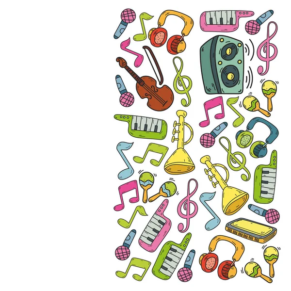 Fond musical vectoriel avec instruments de musique. Rock, piano, guitare, jazz. Mélodie et microphone. Concert. — Image vectorielle