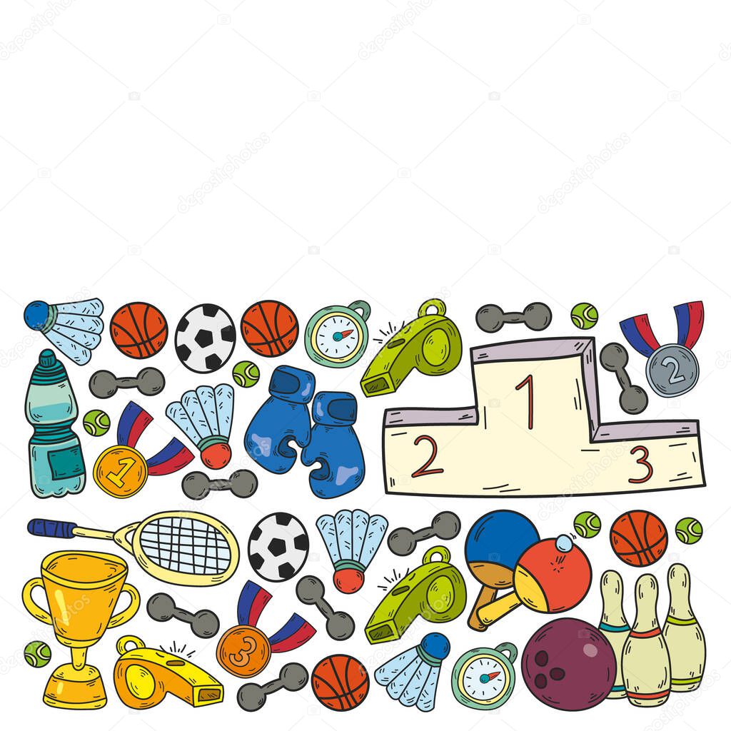 Vector pattern with sport elements. Fitness, games, exercises. Doodle icons in kids drawing style