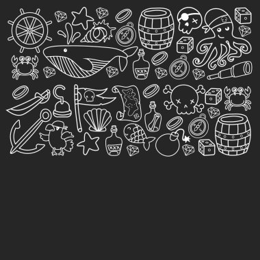 Çocuk korsan partisi. Korsanlığın sembolleri - şapka, kılıç, silahlar, hazine sandığı, gemi, siyah bayrak, neşeli roger amblemi, kafatası ve çapraz kemikler, pusula.