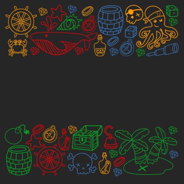 Çocuk korsan partisi. Korsanlığın sembolleri - şapka, kılıç, silahlar, hazine sandığı, gemi, siyah bayrak, neşeli roger amblemi, kafatası ve çapraz kemikler, pusula.