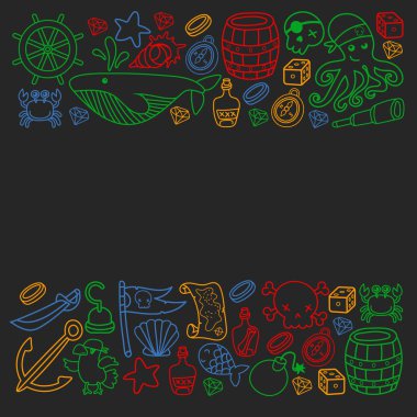 Çocuk korsan partisi. Korsanlığın sembolleri - şapka, kılıç, silahlar, hazine sandığı, gemi, siyah bayrak, neşeli roger amblemi, kafatası ve çapraz kemikler, pusula.