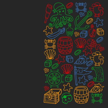 Çocuk korsan partisi. Korsanlığın sembolleri - şapka, kılıç, silahlar, hazine sandığı, gemi, siyah bayrak, neşeli roger amblemi, kafatası ve çapraz kemikler, pusula.