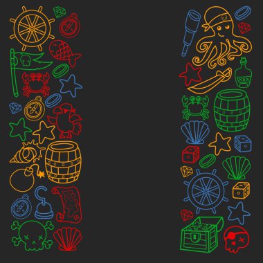 Çocuk korsan partisi. Korsanlığın sembolleri - şapka, kılıç, silahlar, hazine sandığı, gemi, siyah bayrak, neşeli roger amblemi, kafatası ve çapraz kemikler, pusula.