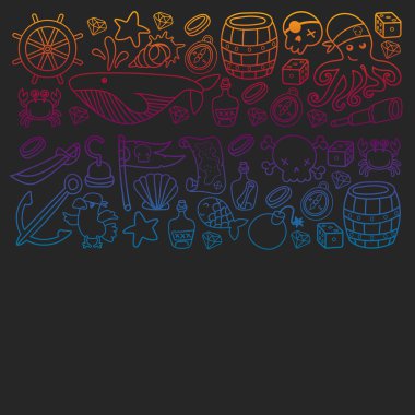 Çocuk korsan partisi. Korsanlığın sembolleri - şapka, kılıç, silahlar, hazine sandığı, gemi, siyah bayrak, neşeli roger amblemi, kafatası ve çapraz kemikler, pusula.