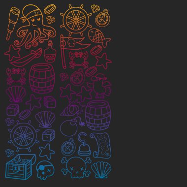 Çocuk korsan partisi. Korsanlığın sembolleri - şapka, kılıç, silahlar, hazine sandığı, gemi, siyah bayrak, neşeli roger amblemi, kafatası ve çapraz kemikler, pusula.