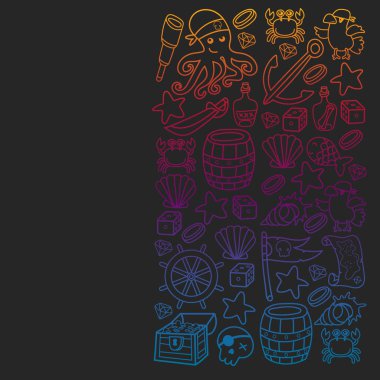 Çocuk korsan partisi. Korsanlığın sembolleri - şapka, kılıç, silahlar, hazine sandığı, gemi, siyah bayrak, neşeli roger amblemi, kafatası ve çapraz kemikler, pusula.