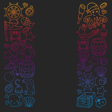 Çocuk korsan partisi. Korsanlığın sembolleri - şapka, kılıç, silahlar, hazine sandığı, gemi, siyah bayrak, neşeli roger amblemi, kafatası ve çapraz kemikler, pusula.