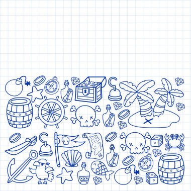 Çocuk korsan partisi. Korsanlığın sembolleri - şapka, kılıç, silahlar, hazine sandığı, gemi, siyah bayrak, neşeli roger amblemi, kafatası ve çapraz kemikler, pusula.