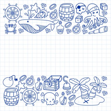 Çocuk korsan partisi. Korsanlığın sembolleri - şapka, kılıç, silahlar, hazine sandığı, gemi, siyah bayrak, neşeli roger amblemi, kafatası ve çapraz kemikler, pusula.