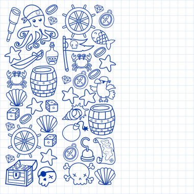 Çocuk korsan partisi. Korsanlığın sembolleri - şapka, kılıç, silahlar, hazine sandığı, gemi, siyah bayrak, neşeli roger amblemi, kafatası ve çapraz kemikler, pusula.