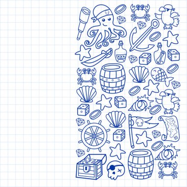 Çocuk korsan partisi. Korsanlığın sembolleri - şapka, kılıç, silahlar, hazine sandığı, gemi, siyah bayrak, neşeli roger amblemi, kafatası ve çapraz kemikler, pusula.