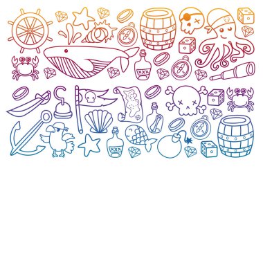 Çocuk korsan partisi. Korsanlığın sembolleri - şapka, kılıç, silahlar, hazine sandığı, gemi, siyah bayrak, neşeli roger amblemi, kafatası ve çapraz kemikler, pusula.