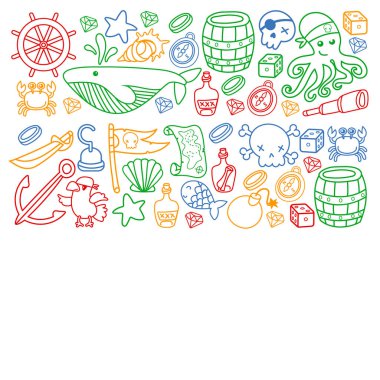 Çocuk korsan partisi. Korsanlığın sembolleri - şapka, kılıç, silahlar, hazine sandığı, gemi, siyah bayrak, neşeli roger amblemi, kafatası ve çapraz kemikler, pusula.