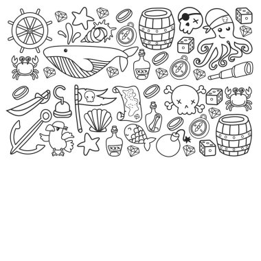 Çocuk korsan partisi. Korsanlığın sembolleri - şapka, kılıç, silahlar, hazine sandığı, gemi, siyah bayrak, neşeli roger amblemi, kafatası ve çapraz kemikler, pusula.