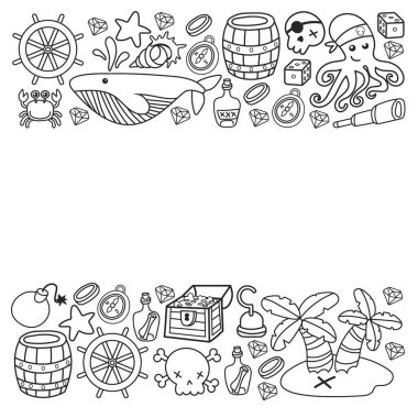 Çocuk korsan partisi. Korsanlığın sembolleri - şapka, kılıç, silahlar, hazine sandığı, gemi, siyah bayrak, neşeli roger amblemi, kafatası ve çapraz kemikler, pusula.