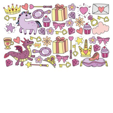 Prenses ve fantezi simgesi ve davetiye ve tebrik kartı tasarım unsuru.