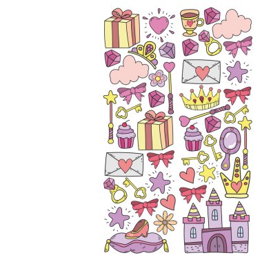 Prenses ve fantezi simgesi ve davetiye ve tebrik kartı tasarım unsuru.