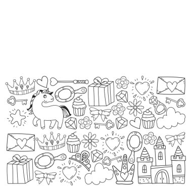 Prenses ve fantezi simgesi ve davetiye ve tebrik kartı tasarım unsuru.