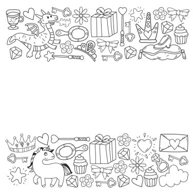 Prenses ve fantezi simgesi ve davetiye ve tebrik kartı tasarım unsuru.