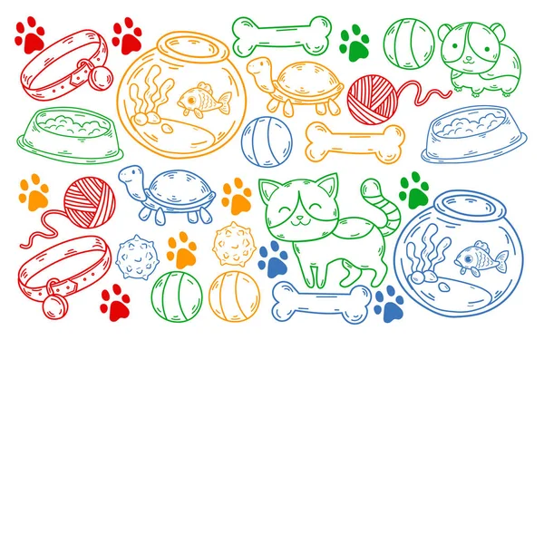 Clinique vétérinaire, zoo, animalerie. Chats, chiens, poissons, perroquets. Jouets pour animaux, soins des animaux. — Image vectorielle