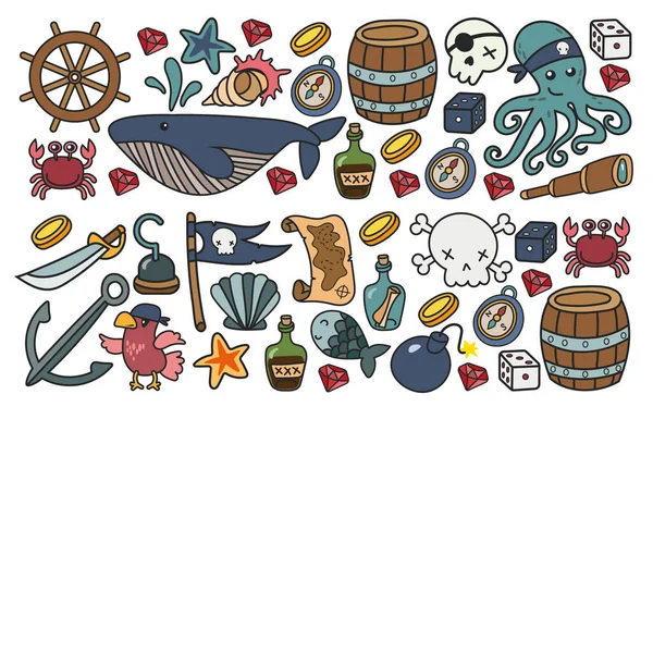 Fiesta de niños piratas. Símbolos de la piratería sombrero, espadas, armas, cofre del tesoro, barco, bandera negra, emblema alegre roger, cráneo y huesos cruzados, brújula. — Vector de stock