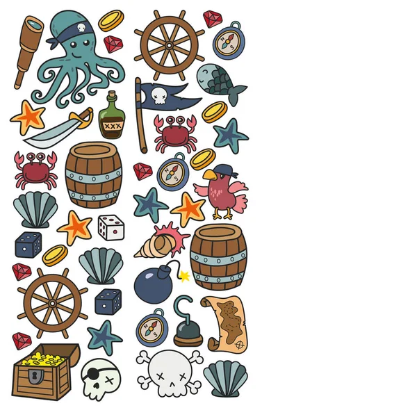 Fiesta de niños piratas. Símbolos de la piratería sombrero, espadas, armas, cofre del tesoro, barco, bandera negra, emblema alegre roger, cráneo y huesos cruzados, brújula. — Vector de stock