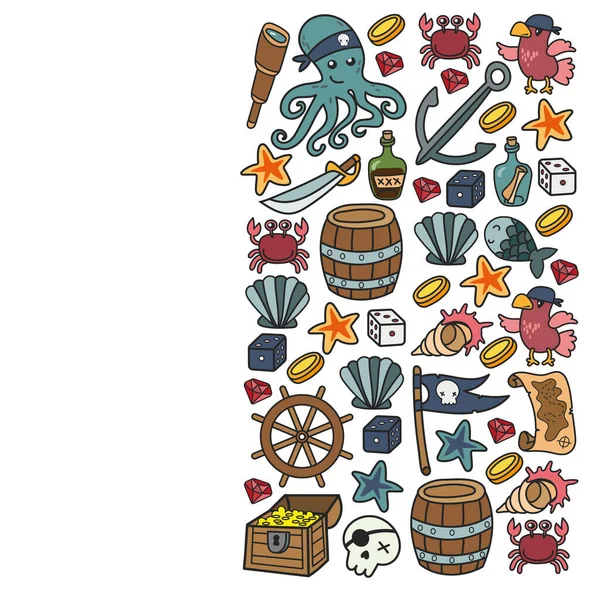 Παιδικό πειρατικό πάρτι. Σύμβολα της πειρατείας - καπέλο, σπαθιά, όπλα, σεντούκι θησαυρού, πλοίο, μαύρη σημαία, χαρούμενα έγχρωμα έμβλημα, κρανίο και σταυρωτά οστά, πυξίδα. — Διανυσματικό Αρχείο