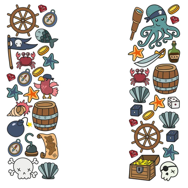 Fiesta de niños piratas. Símbolos de la piratería sombrero, espadas, armas, cofre del tesoro, barco, bandera negra, emblema alegre roger, cráneo y huesos cruzados, brújula. — Vector de stock