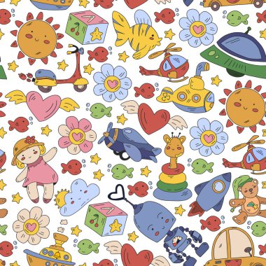 Anaokulu, oyuncak vektör deseni. Küçük çocuklar yaratıcılık ve hayal gücü. Çevrimiçi eğitim, eğitim oyunları.