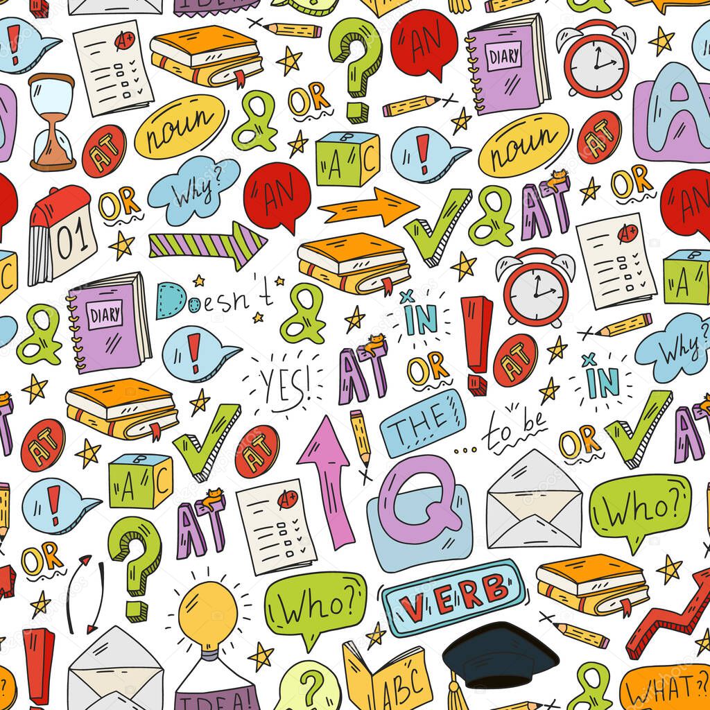 Doodle vector seamless pattern. Illustration of learning English language. E-learning, online education in internet.