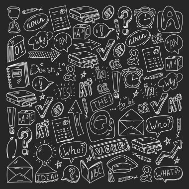 Karalama vektör deseni. İngilizce öğrenmenin illüstrasyonu. E-öğrenme, İnternet eğitimi.