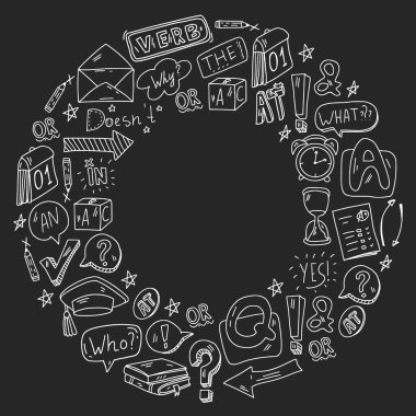 Karalama vektör deseni. İngilizce öğrenmenin illüstrasyonu. E-öğrenme, İnternet eğitimi.