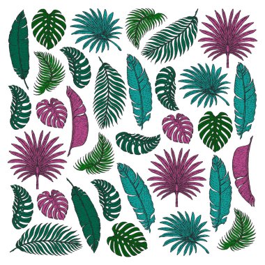 Tropikal yapraklı vektör deseni. Palmiye ağacı. Philodendron. Şirin bağbozumu bahçesi..