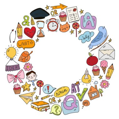 Okula dönelim. Eğitim hakkında ikonlar içeren vektör illüstrasyonu. İngilizce öğrenme. Online internet kursları.