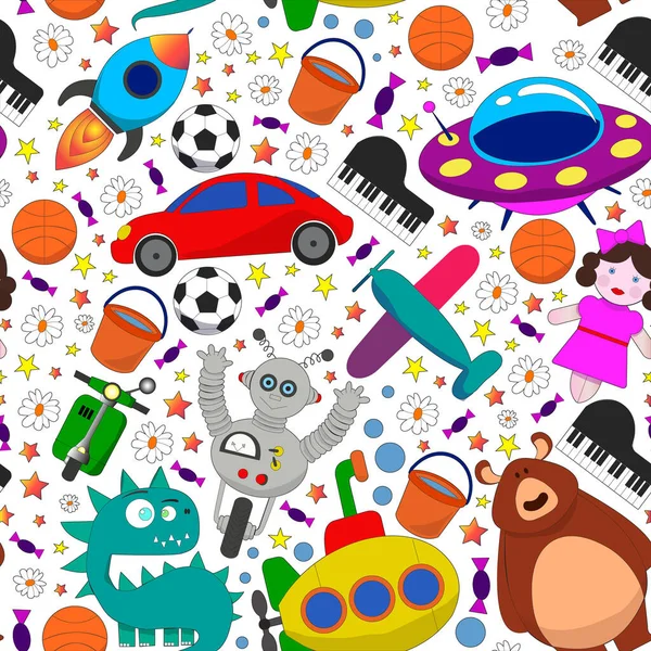 Modèle vectoriel sans couture avec des jouets pour enfants. Voiture, ufo, alien, avion, ours en peluche. — Image vectorielle