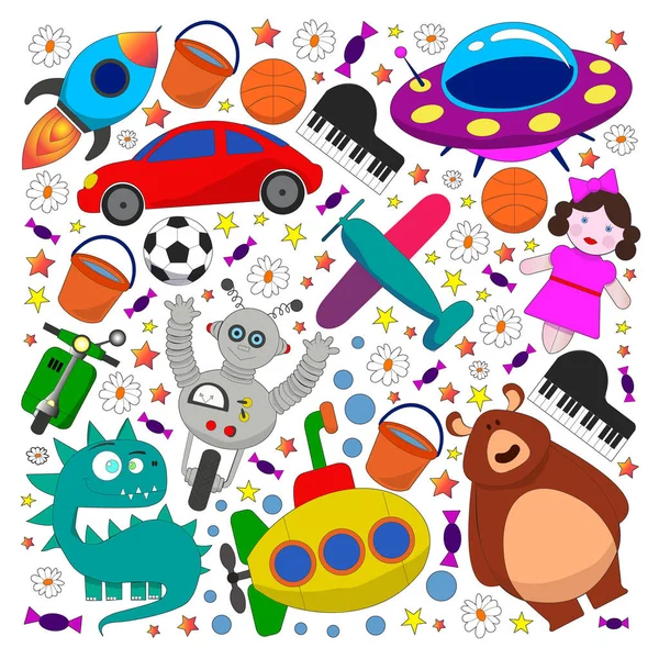 子供のためのおもちゃとベクトルパターン。車、 UFO 、エイリアン、飛行機、テディベア. — ストックベクタ