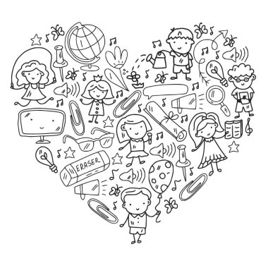 Okul eşyalarıyla vektör deseni. Çevrimiçi internet eğitimi, e-öğrenme.