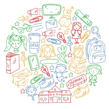 Okul simgeleriyle vektör deseni. İnternet eğitimi, e-öğrenme. Dijital teknoloji.