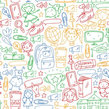 Okul simgeleriyle vektör deseni. İnternet eğitimi, e-öğrenme. Dijital teknoloji.