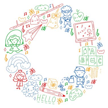 Vektör deseni. Okul ve internet eğitimi. Küçük oğlanlar ve kızlar birlikte oynar ve büyür..