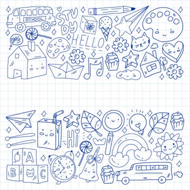 Okul simgeleriyle vektör deseni. İnternet eğitimi, e-öğrenme. Dijital teknoloji.