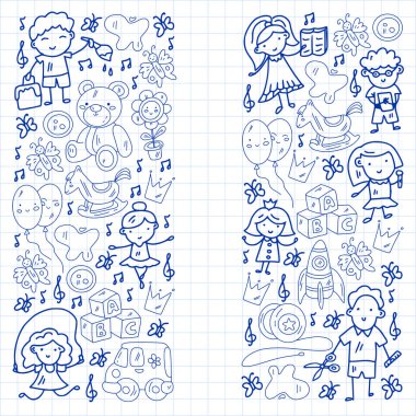 Vektör deseni. Anaokulu ve oyuncaklar. Küçük bir çocuk oyunu. Çocuk parkı. Eğitim, yaratıcılık, hayal gücü.