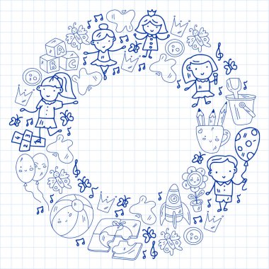 Vektör deseni. Anaokulu ve oyuncaklar. Küçük bir çocuk oyunu. Çocuk parkı. Eğitim, yaratıcılık, hayal gücü.