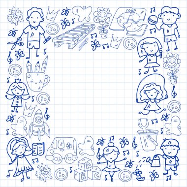 Vektör deseni. Anaokulu ve oyuncaklar. Küçük bir çocuk oyunu. Çocuk parkı. Eğitim, yaratıcılık, hayal gücü.