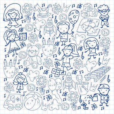 Vektör deseni. Anaokulu ve oyuncaklar. Küçük bir çocuk oyunu. Çocuk parkı. Eğitim, yaratıcılık, hayal gücü.