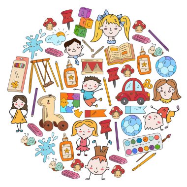 Anaokulu. Oyuncaklar ve küçük çocuklar için vektör deseni. Okul öncesi eğitim.