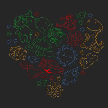 Anaokulu, oyuncak vektör deseni. Küçük çocuklar yaratıcılık ve hayal gücü. Çevrimiçi eğitim, eğitim oyunları.