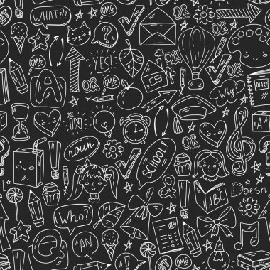 Okula dönelim. Eğitim hakkında ikonlar içeren vektör illüstrasyonu. İngilizce öğrenme. Online internet kursları.