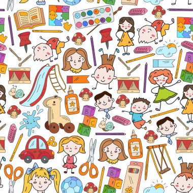 Anaokulu. Oyuncaklar ve küçük çocuklar için vektör deseni. Okul öncesi eğitim.